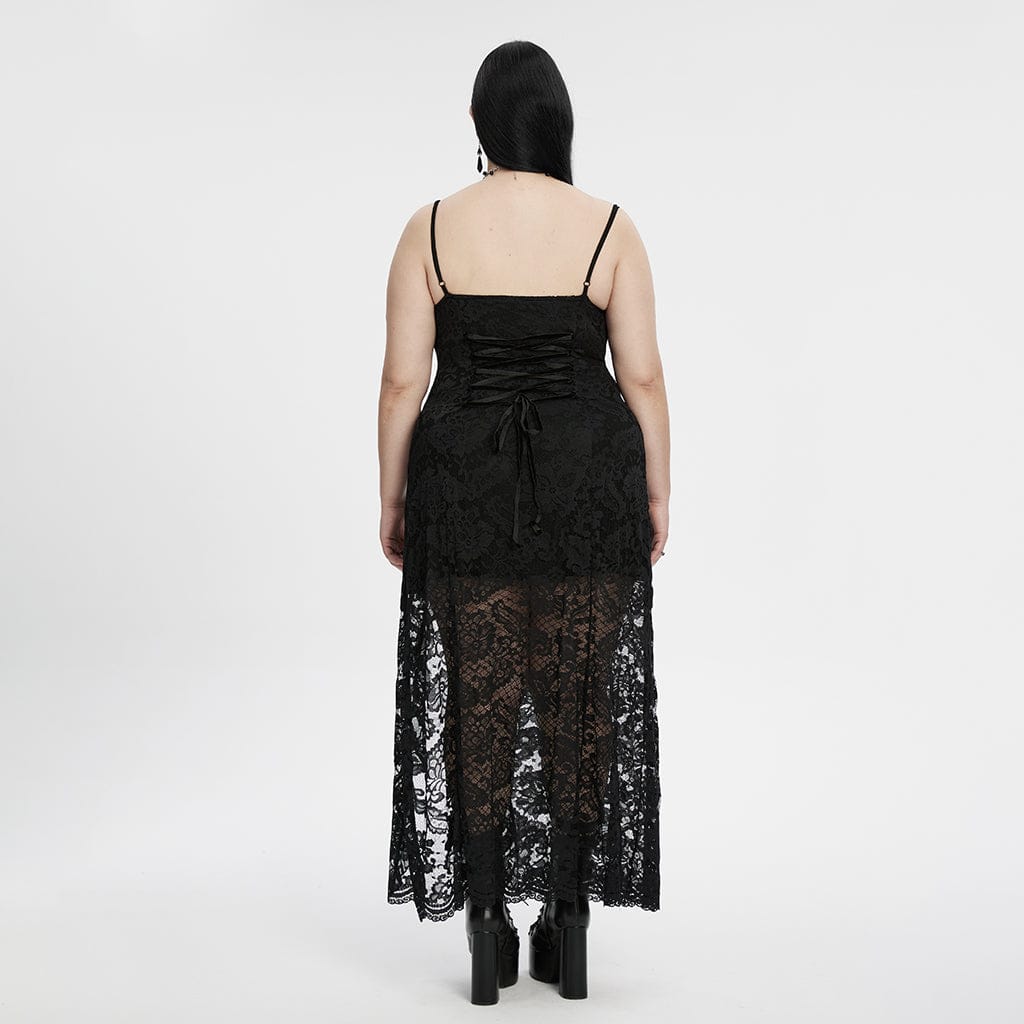 PUNK RAVE Women's Plus Size Gothic Plunging Split Lace Evening Slip Dress