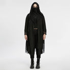 PUNK RAVE Women's Plus Size Gothic Ripped Mesh Splice Coat with Hood