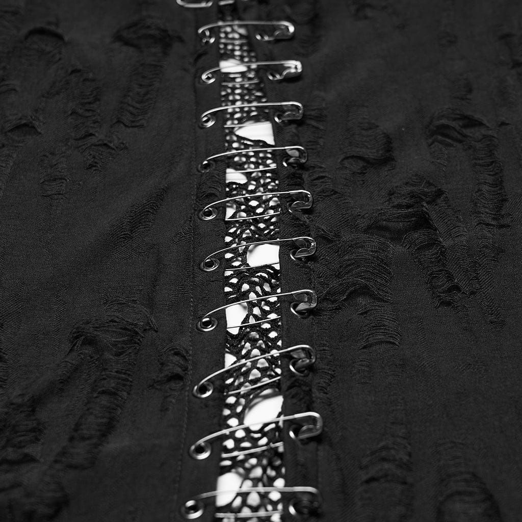 PUNK RAVE Women's Plus Size Gothic Ripped Mesh Splice Coat with Hood