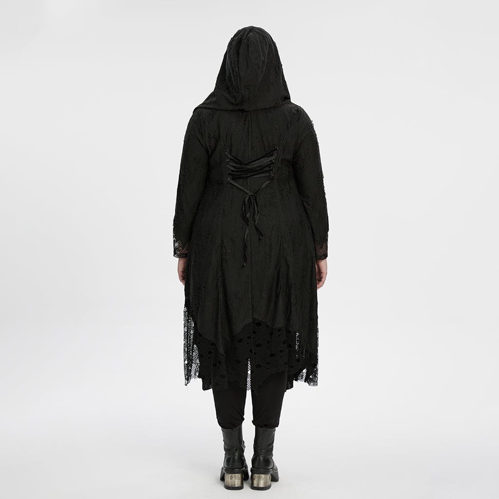 Women's Plus Size Gothic Ripped Mesh Splice Coat with Hood – Punk