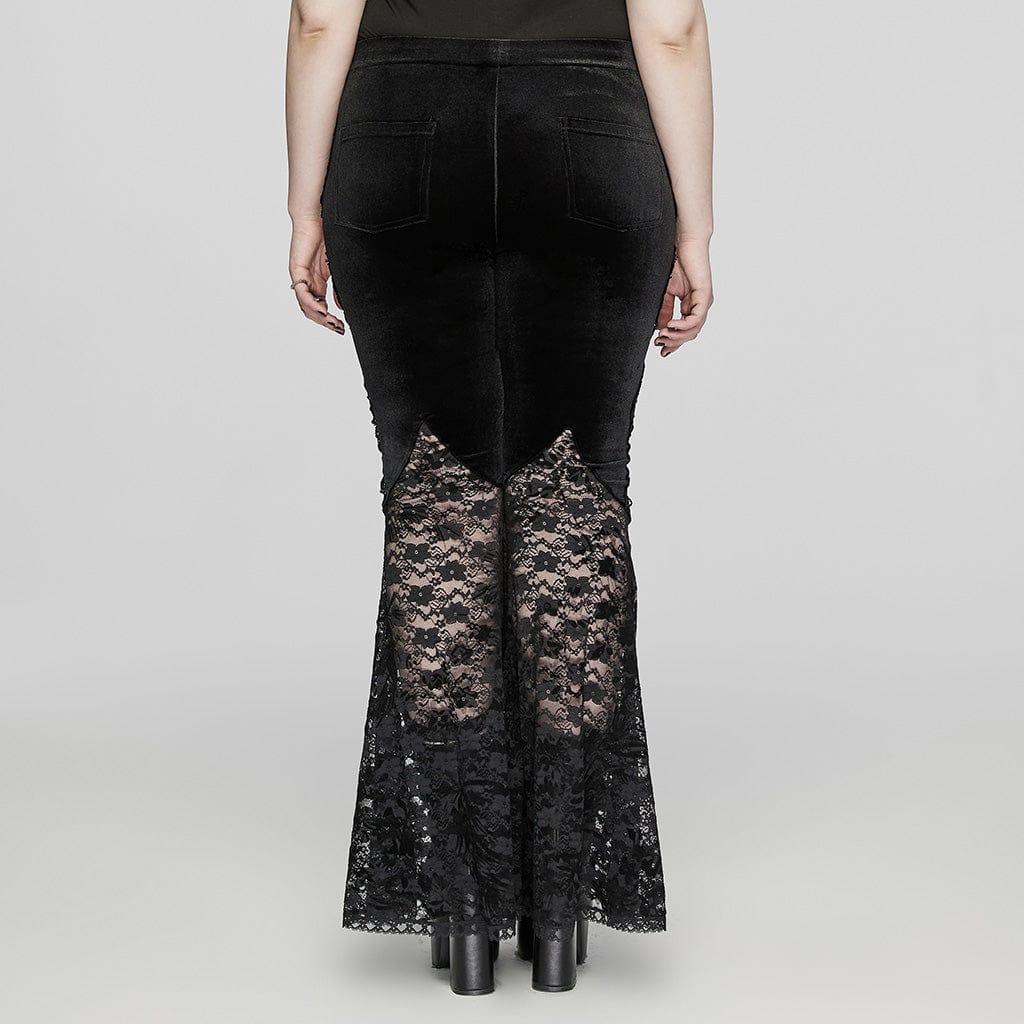 PUNK RAVE Women's Plus Size Gothic Rose Lace Splice Flarerd Pants