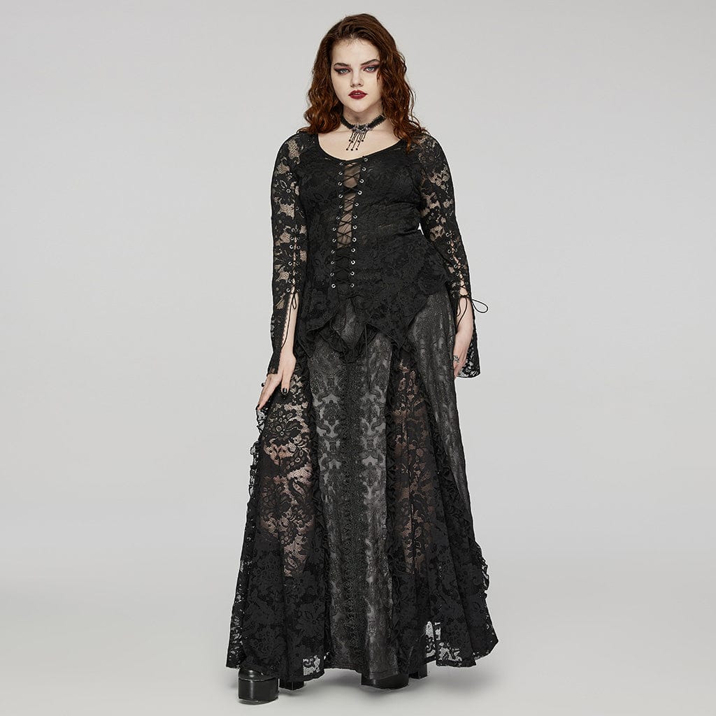 PUNK RAVE Women's Plus Size Gothic Ruffled Lace Splice Embossed Skirt