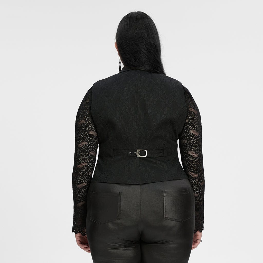 PUNK RAVE Women's Plus Size Gothic Ruffled Lace Splice Lapel Vest