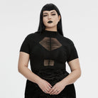 PUNK RAVE Women's Plus Size Gothic Stand Collar Mesh Splice Shirt