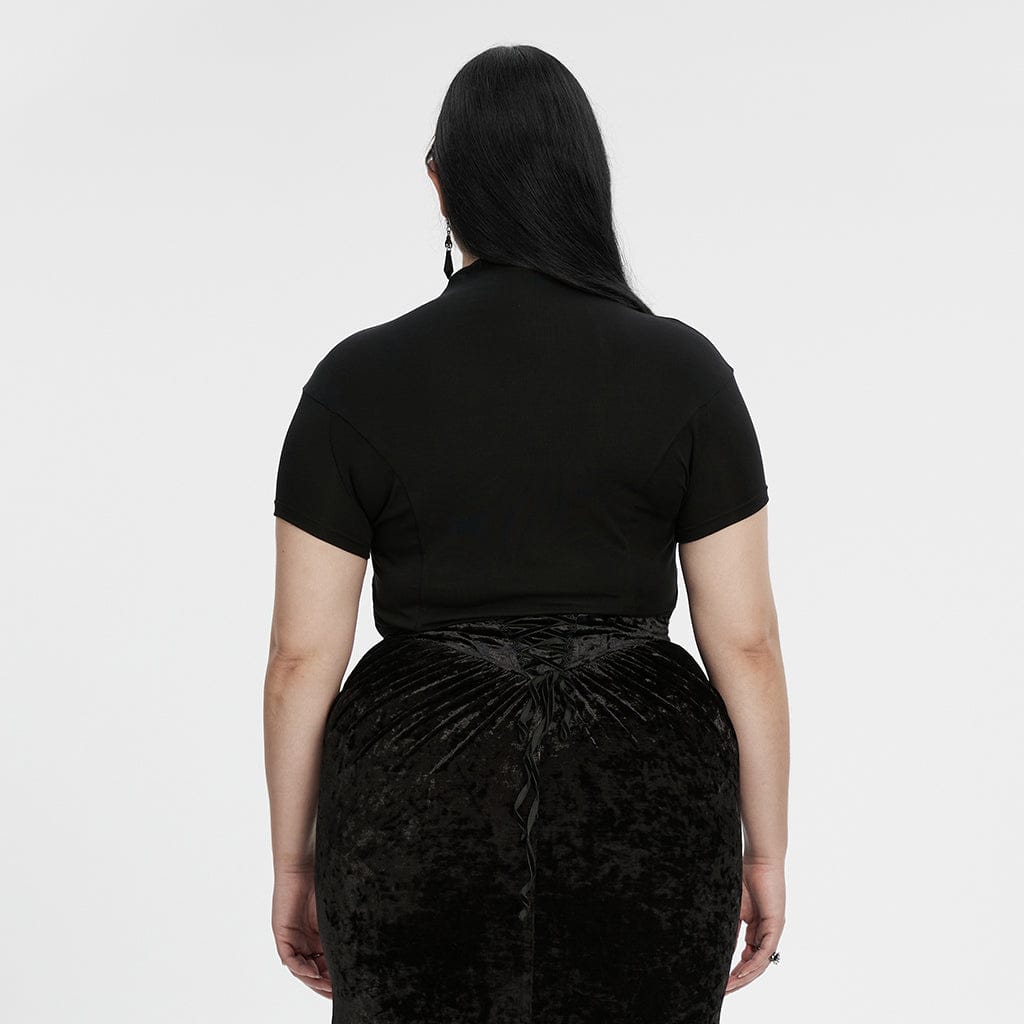 PUNK RAVE Women's Plus Size Gothic Stand Collar Mesh Splice Shirt