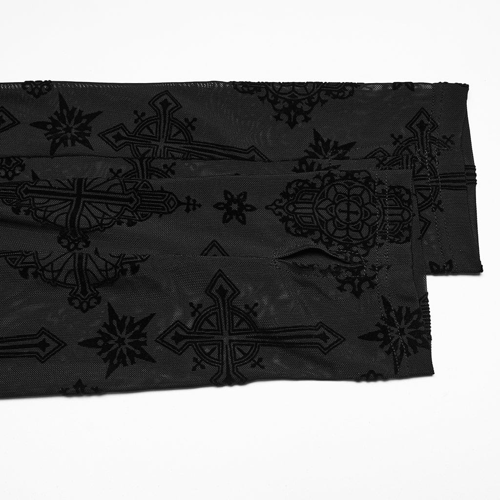 PUNK RAVE Women's Plus Size Gothic Star Cross Flocking Mesh T-shirt