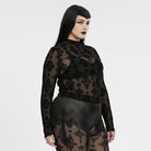 PUNK RAVE Women's Plus Size Gothic Star Cross Flocking Mesh T-shirt