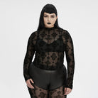PUNK RAVE Women's Plus Size Gothic Star Cross Flocking Mesh T-shirt
