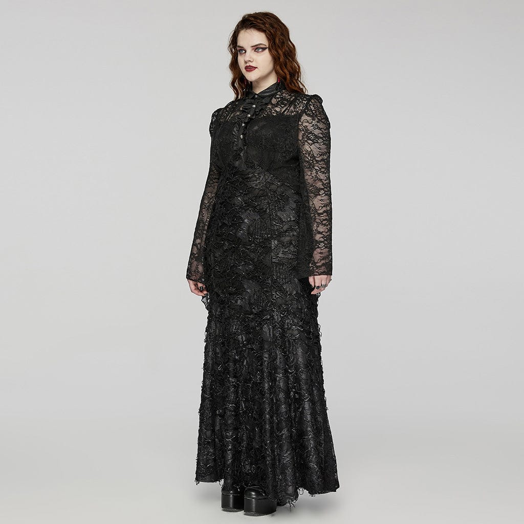 PUNK RAVE Women's Plus Size Gothic Turn-down Collar Lace Splice Gown Dress