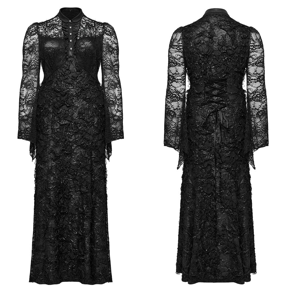 PUNK RAVE Women's Plus Size Gothic Turn-down Collar Lace Splice Gown Dress