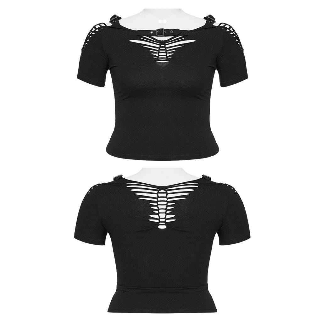 PUNK RAVE Women's Plus Size Punk Ripped Buckle Shirt