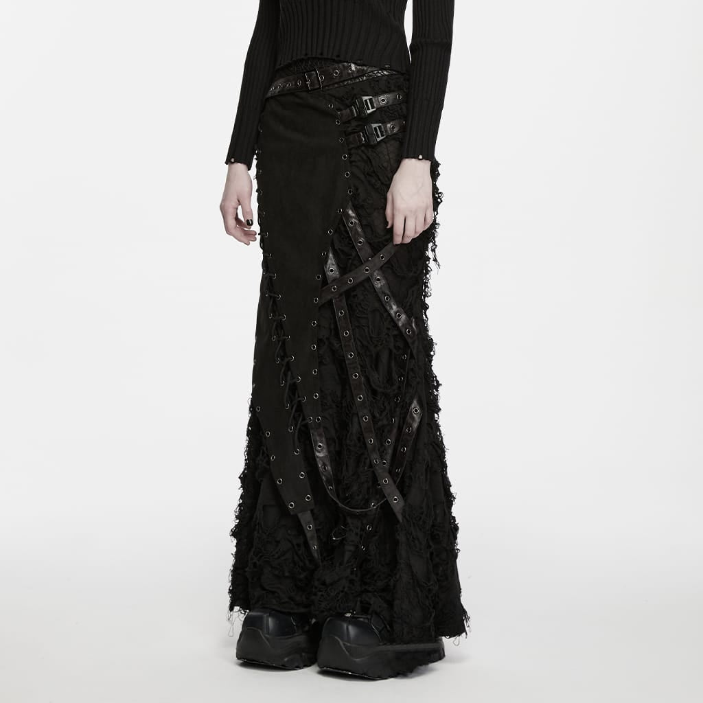 PUNK RAVE Women's Punk Asymmetric Eyelet Lace-up Distressed Maxi Skirt