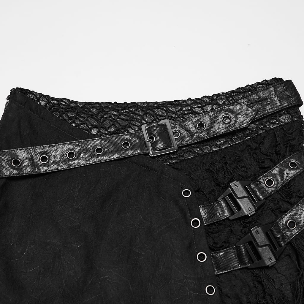 PUNK RAVE Women's Punk Asymmetric Eyelet Lace-up Distressed Maxi Skirt