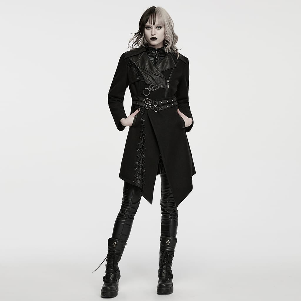 Women's Punk Asymmetric Lapel Lace-up Long Jacket – Punk Design