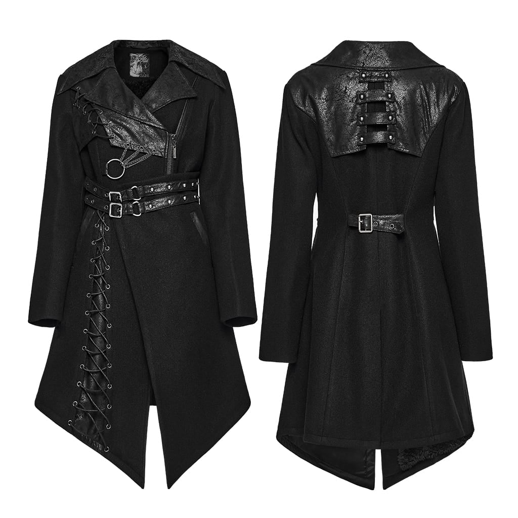 Women's Punk Asymmetric Lapel Lace-up Long Jacket – Punk Design
