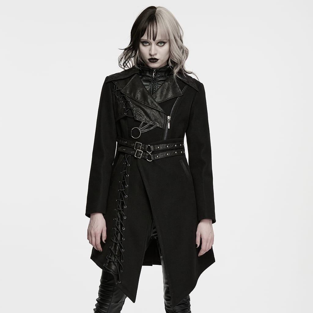 Women's Punk Asymmetric Lapel Lace-up Long Jacket – Punk Design