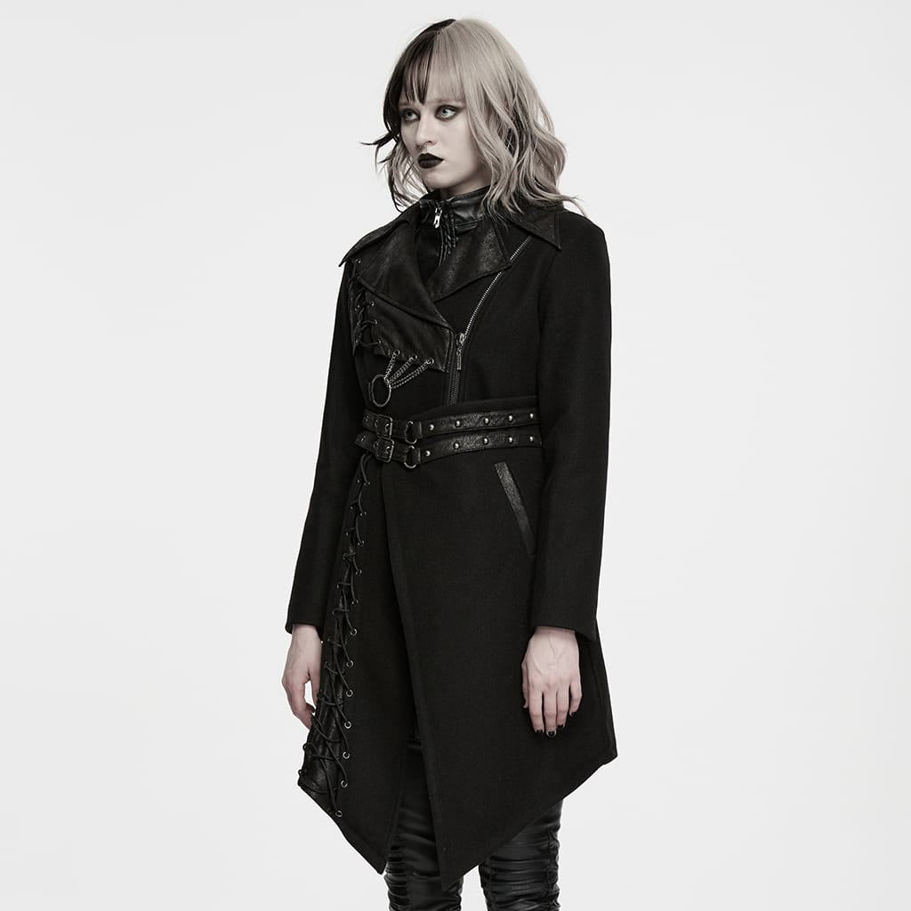 PUNK RAVE Women's Punk Asymmetric Lapel Lace-up Long Jacket