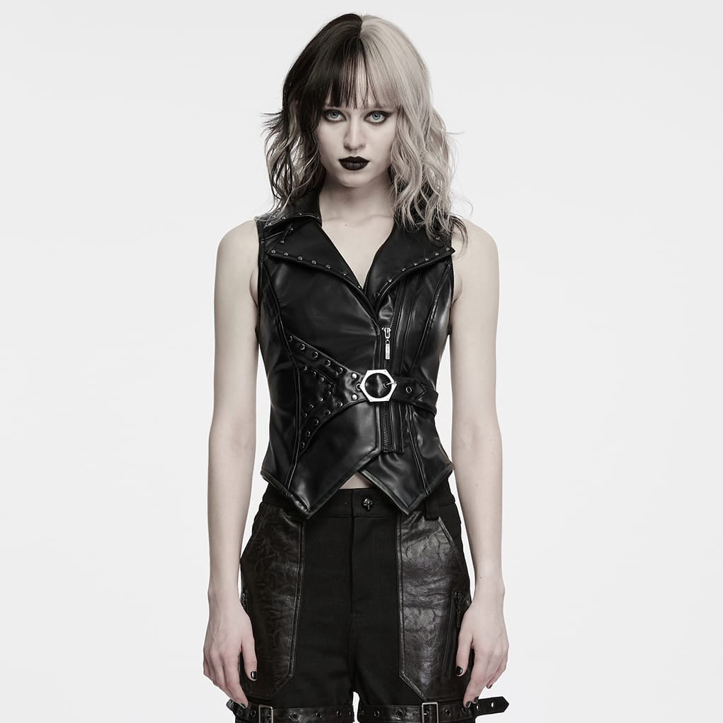 Women's Punk Asymmetric Studded Lapel Buckle Strap Vest – Punk Design