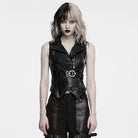 PUNK RAVE Women's Punk Asymmetric Studded Lapel Buckle Strap Vest