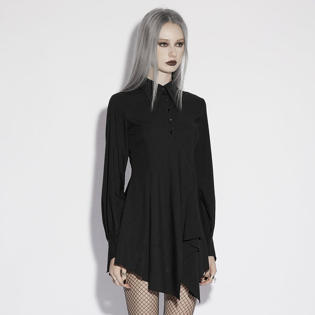 PUNK RAVE Women's Punk Asymmetric Turn-down Collar Puff Sleeved Dress