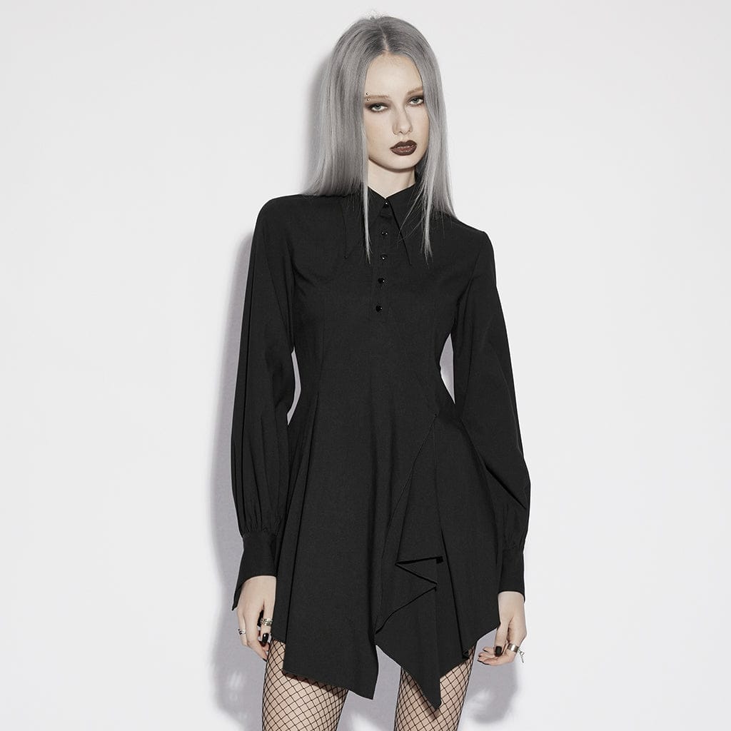 PUNK RAVE Women's Punk Asymmetric Turn-down Collar Puff Sleeved Dress