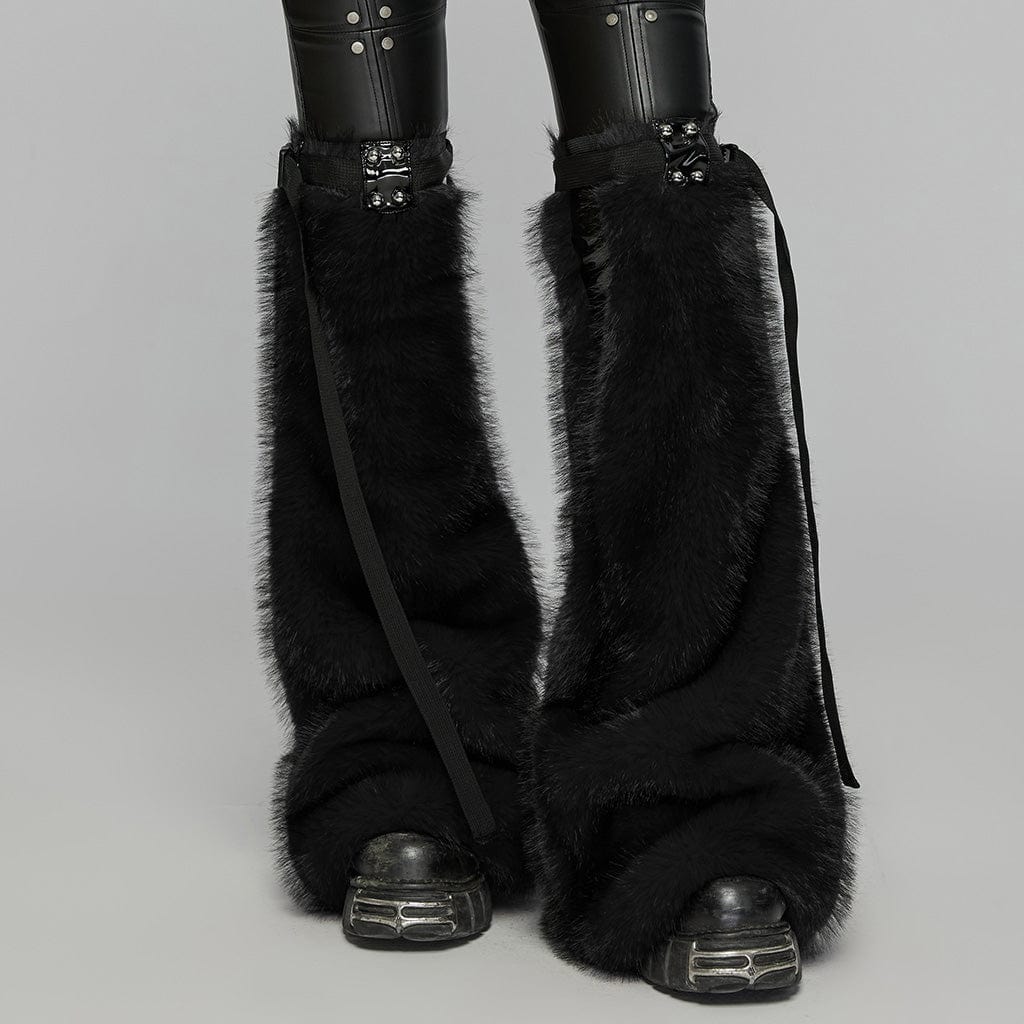 PUNK RAVE Women's Punk Buckle Faux Fur Leg Warmers Black