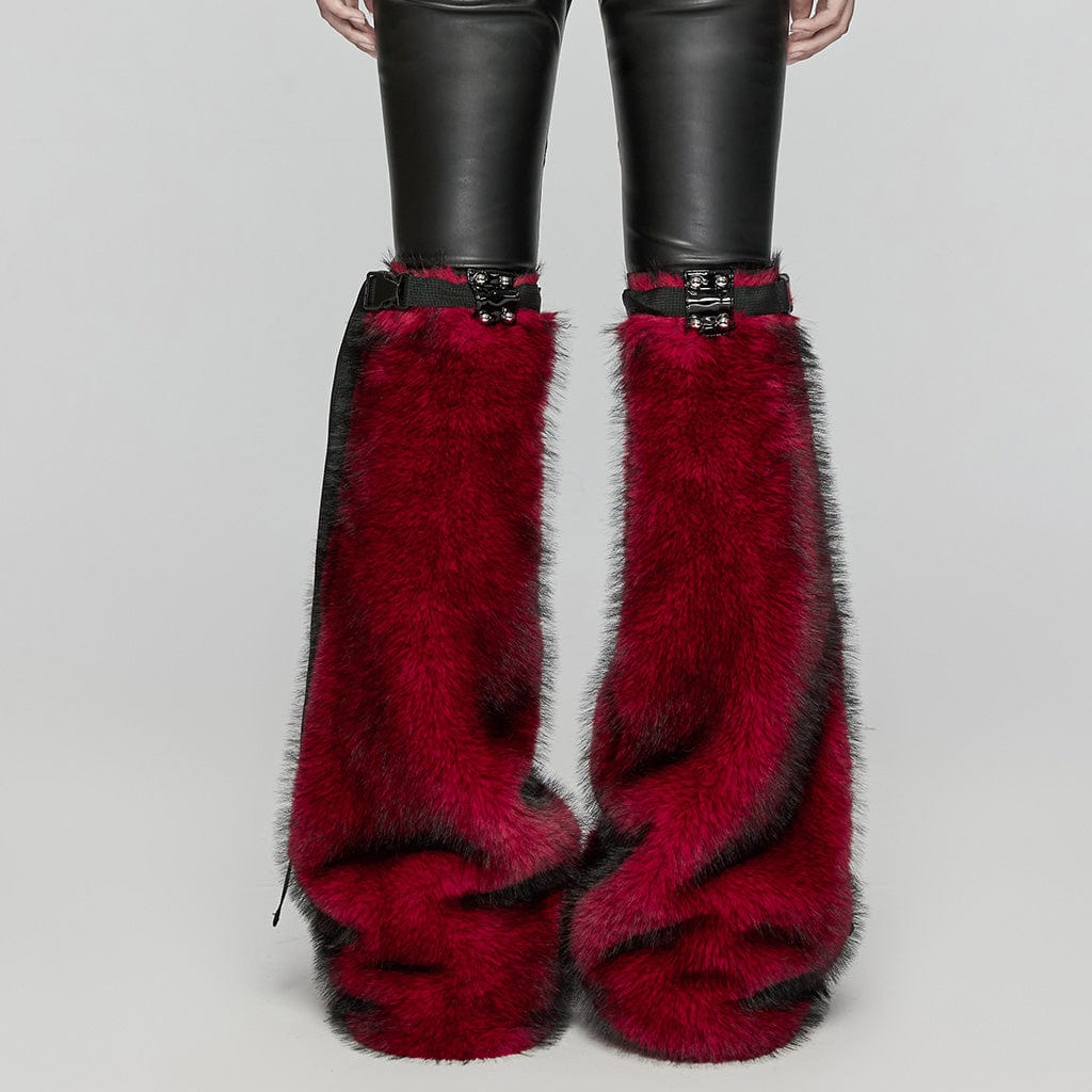 PUNK RAVE Women's Punk Buckle Faux Fur Leg Warmers Red