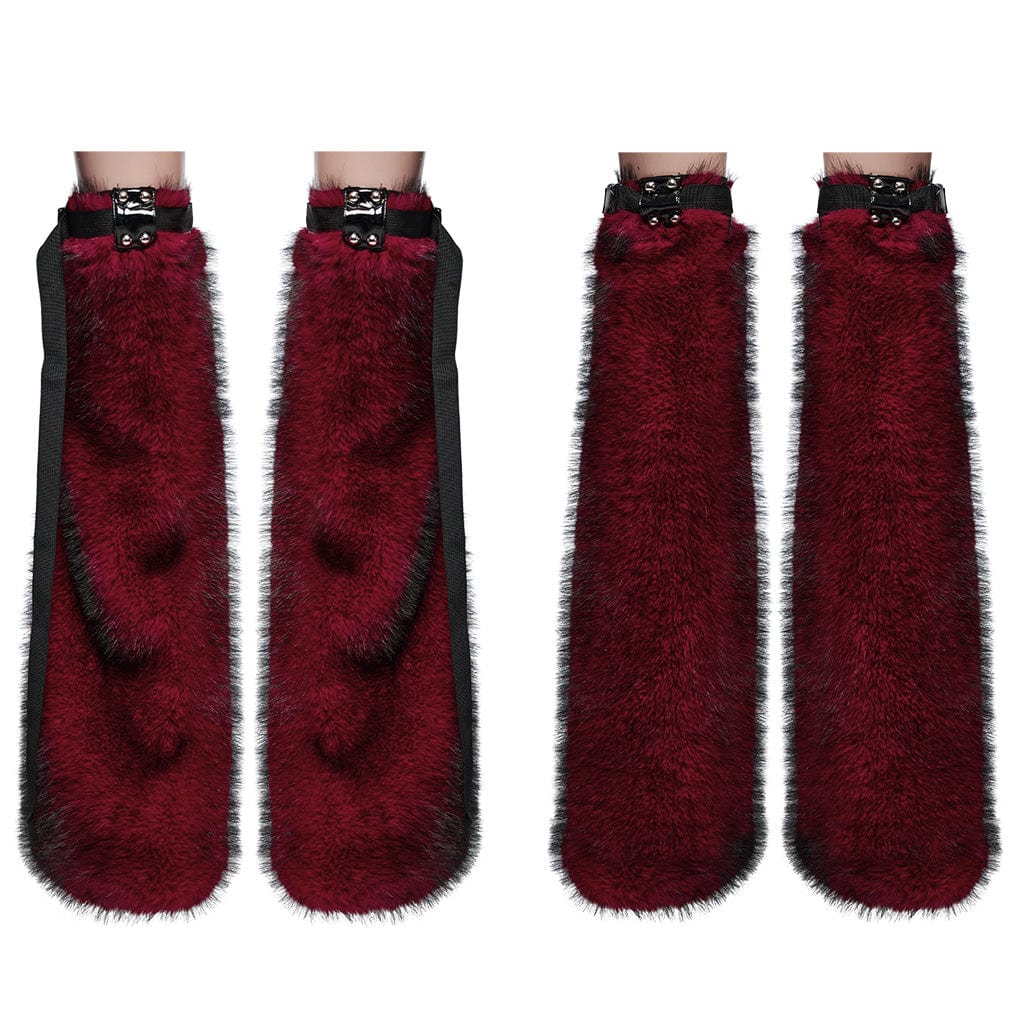 PUNK RAVE Women's Punk Buckle Faux Fur Leg Warmers Red