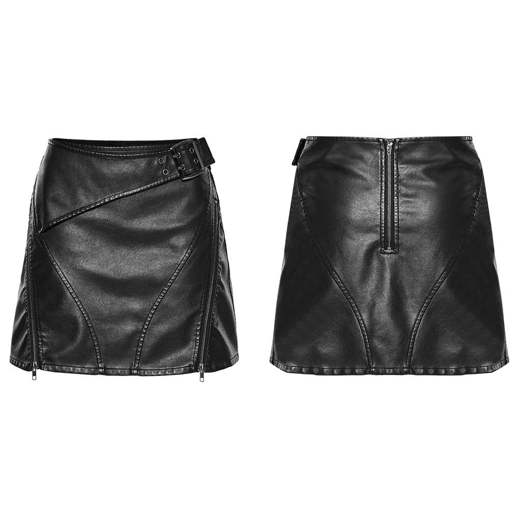 PUNK RAVE Women's Punk Buckle Faux Leather A-line Short Skirt