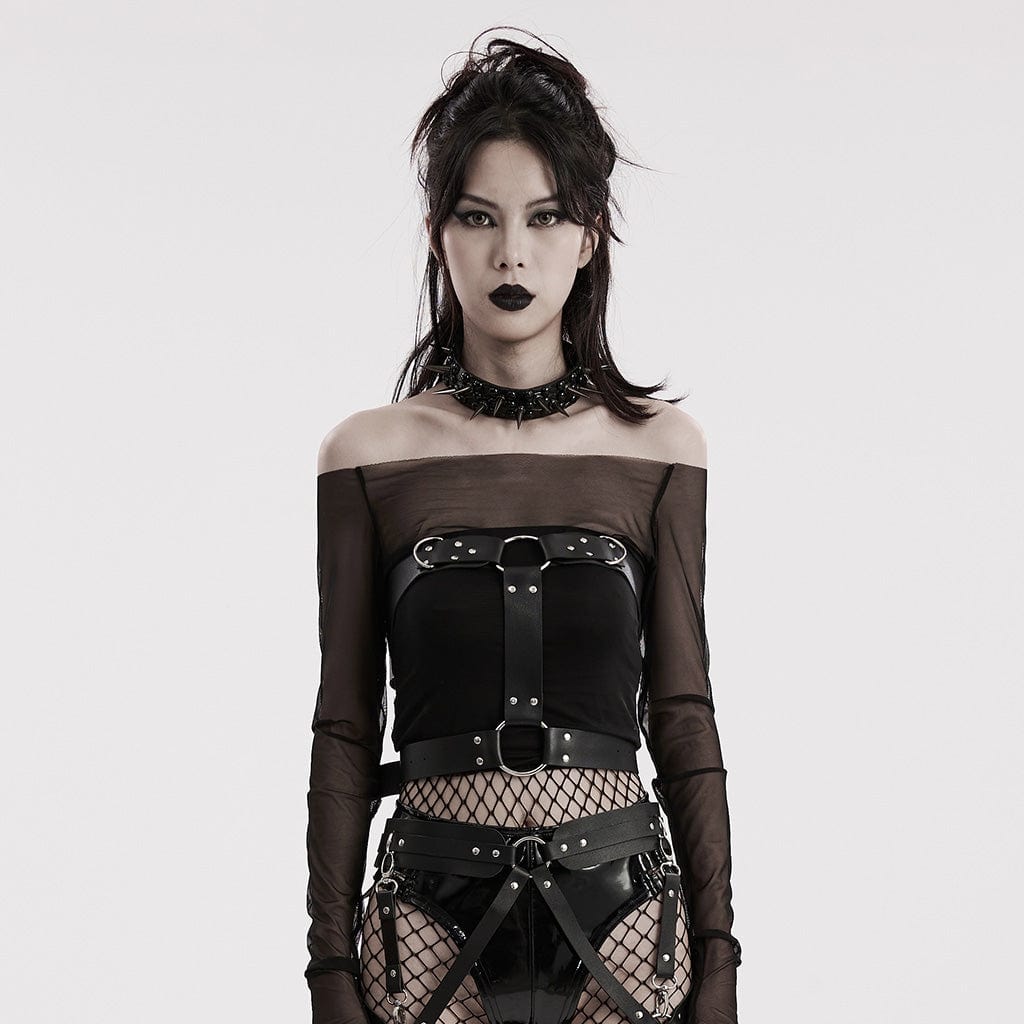 Punk Rave Womens Cyberpunk Techno Gothic Top T Shirt Black Velvet Flocked  Mesh
