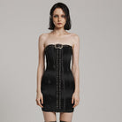 PUNK RAVE Women's Punk Buckle Lace-Up Eyelet Off Shoulder Dress Black