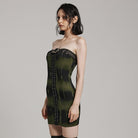 PUNK RAVE Women's Punk Buckle Lace-Up Eyelet Off Shoulder Dress Black-Green