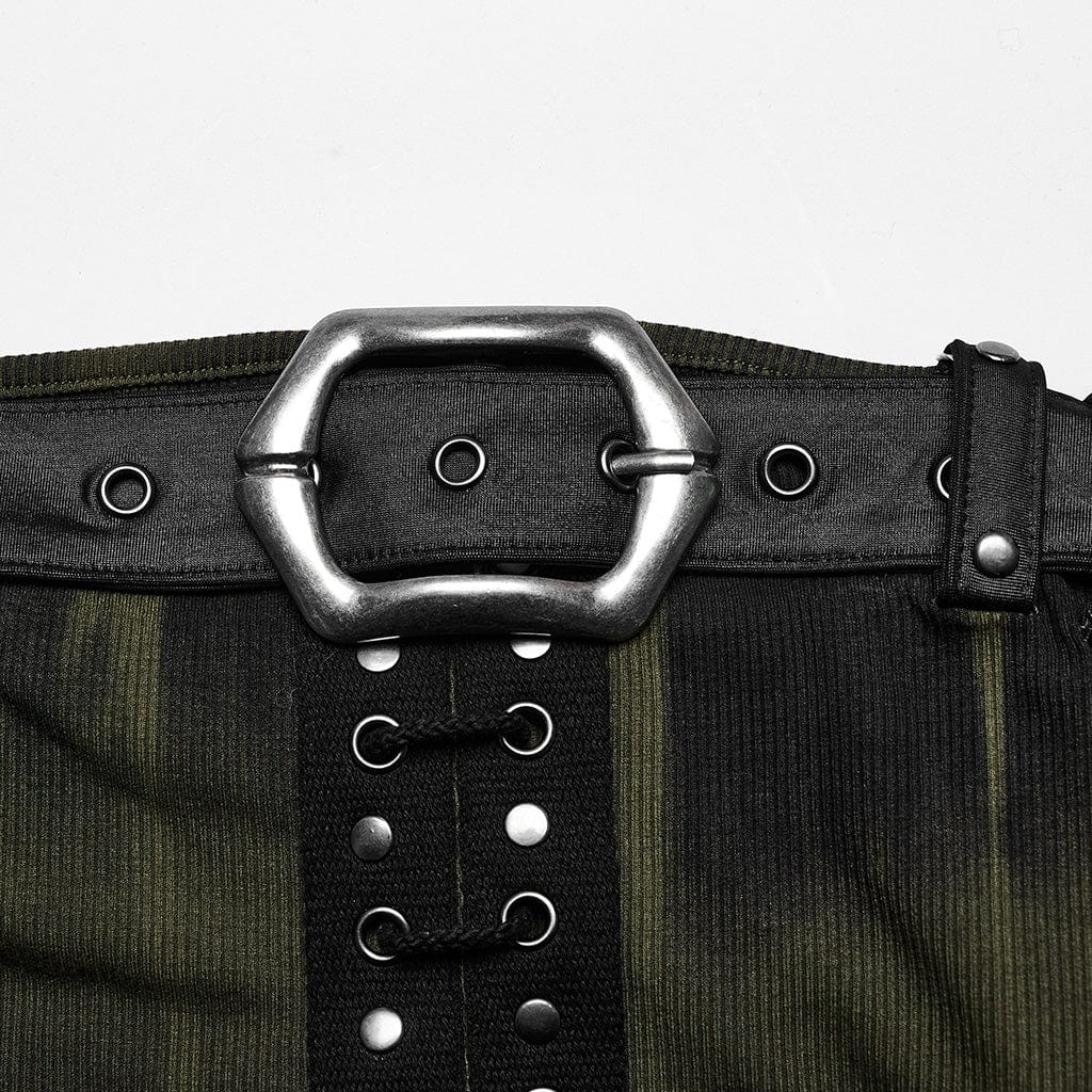 PUNK RAVE Women's Punk Buckle Lace-Up Eyelet Off Shoulder Dress Black-Green