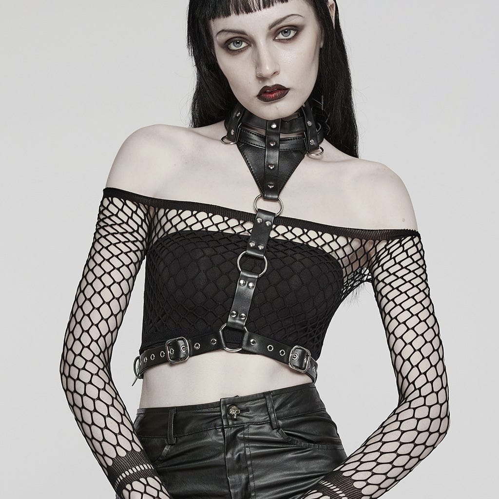 PUNK RAVE Women's Punk Buckle Ring Faux Leather Body Harness