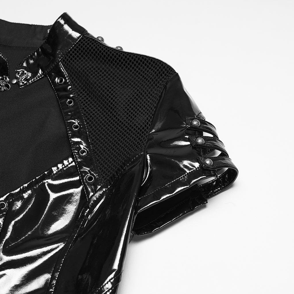 PUNK RAVE Women's Punk Buckle Strap Cutout Mesh Splice Dress