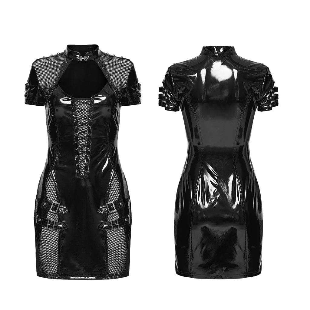 PUNK RAVE Women's Punk Buckle Strap Cutout Mesh Splice Dress