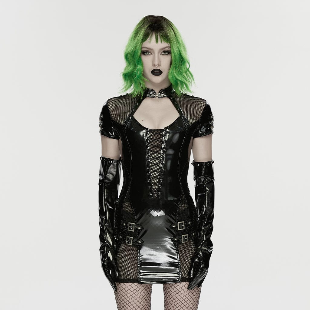 PUNK RAVE Women's Punk Buckle Strap Cutout Mesh Splice Dress