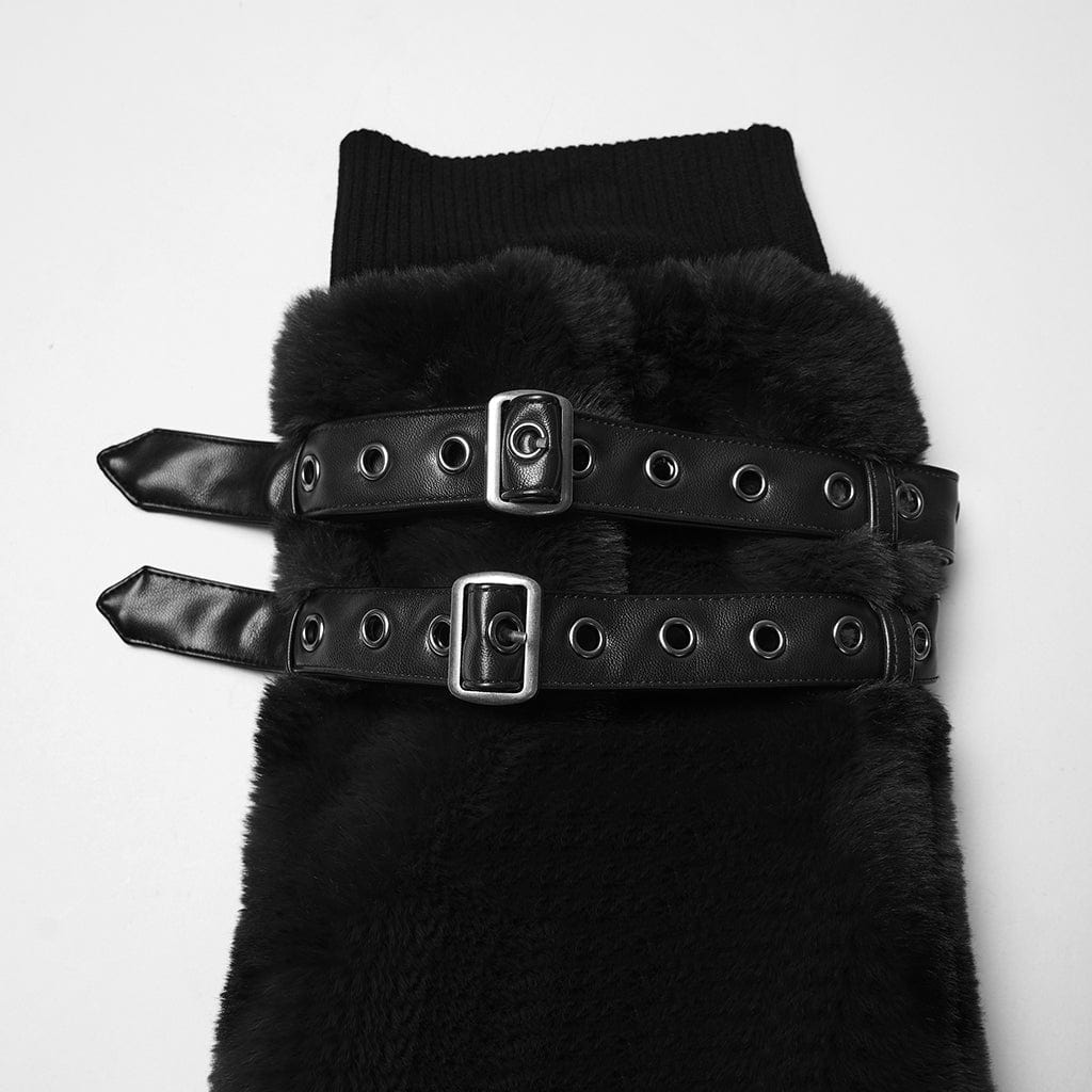PUNK RAVE Women's Punk Buckle Strap Faux Fur Leg Warmers Black