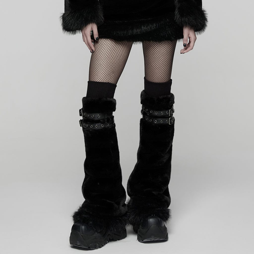 Women's Punk Buckle Strap Faux Fur Leg Warmers Black