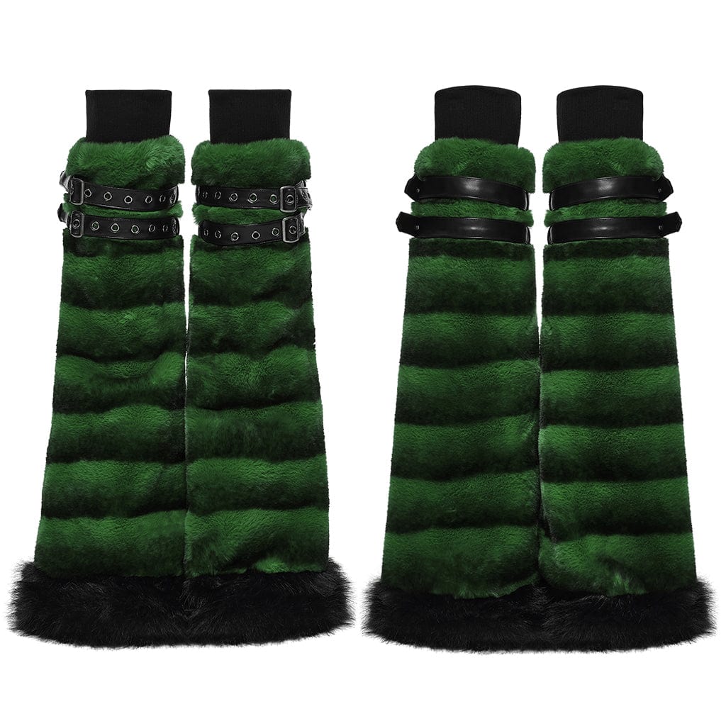 PUNK RAVE Women's Punk Buckle Strap Faux Fur Leg Warmers Green