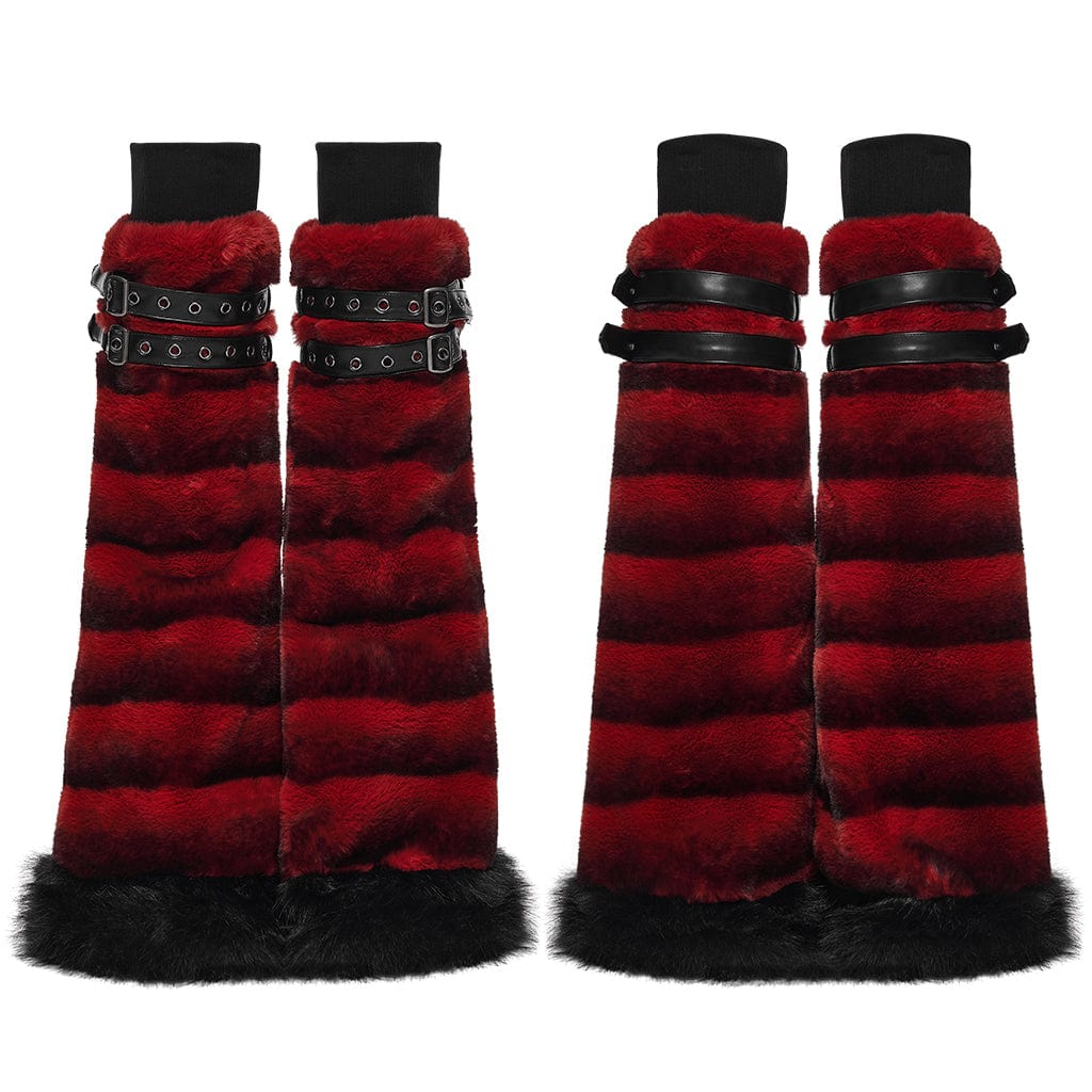 PUNK RAVE Women's Punk Buckle Strap Faux Fur Leg Warmers Red