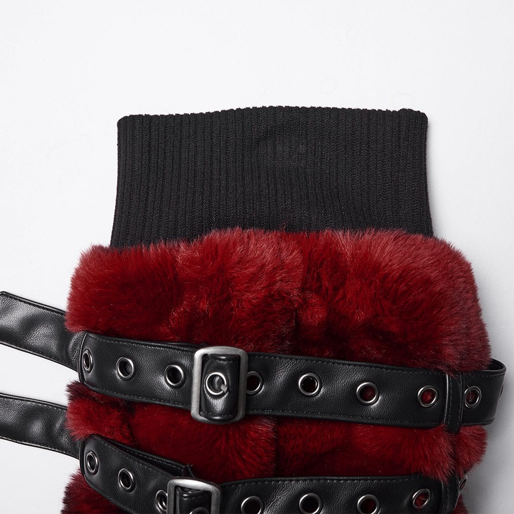 PUNK RAVE Women's Punk Buckle Strap Faux Fur Leg Warmers Red