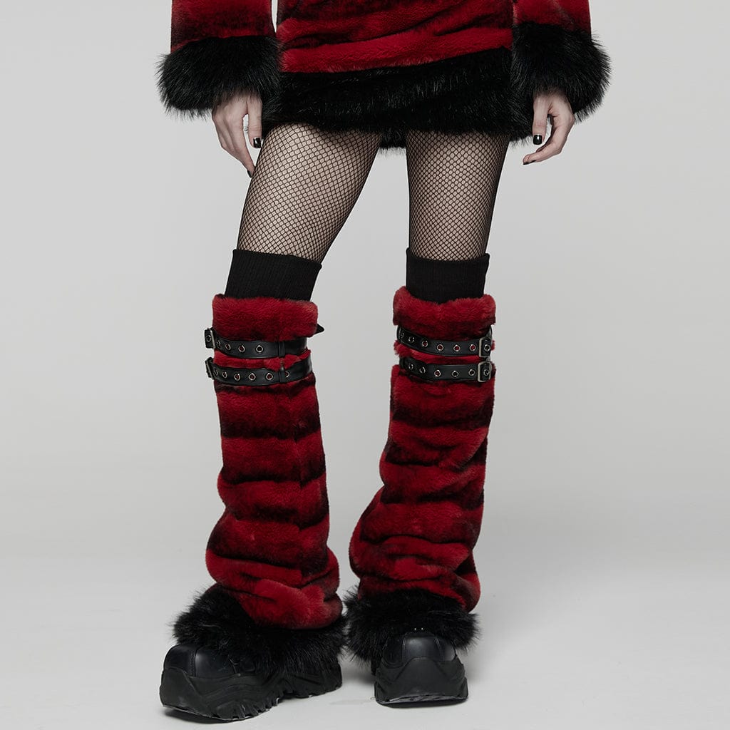 PUNK RAVE Women's Punk Buckle Strap Faux Fur Leg Warmers Red
