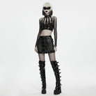 PUNK RAVE Women's Punk Buckle Strap Mesh Splice Mini Skirt