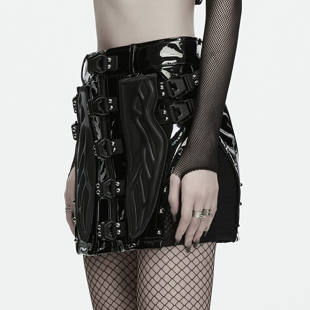 PUNK RAVE Women's Punk Buckle Strap Mesh Splice Mini Skirt