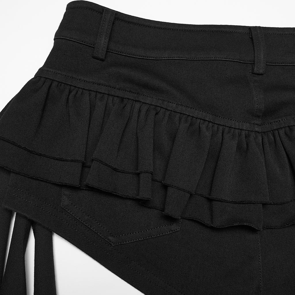 PUNK RAVE Women's Punk Buckle-up Ruffled Streamer Shorts