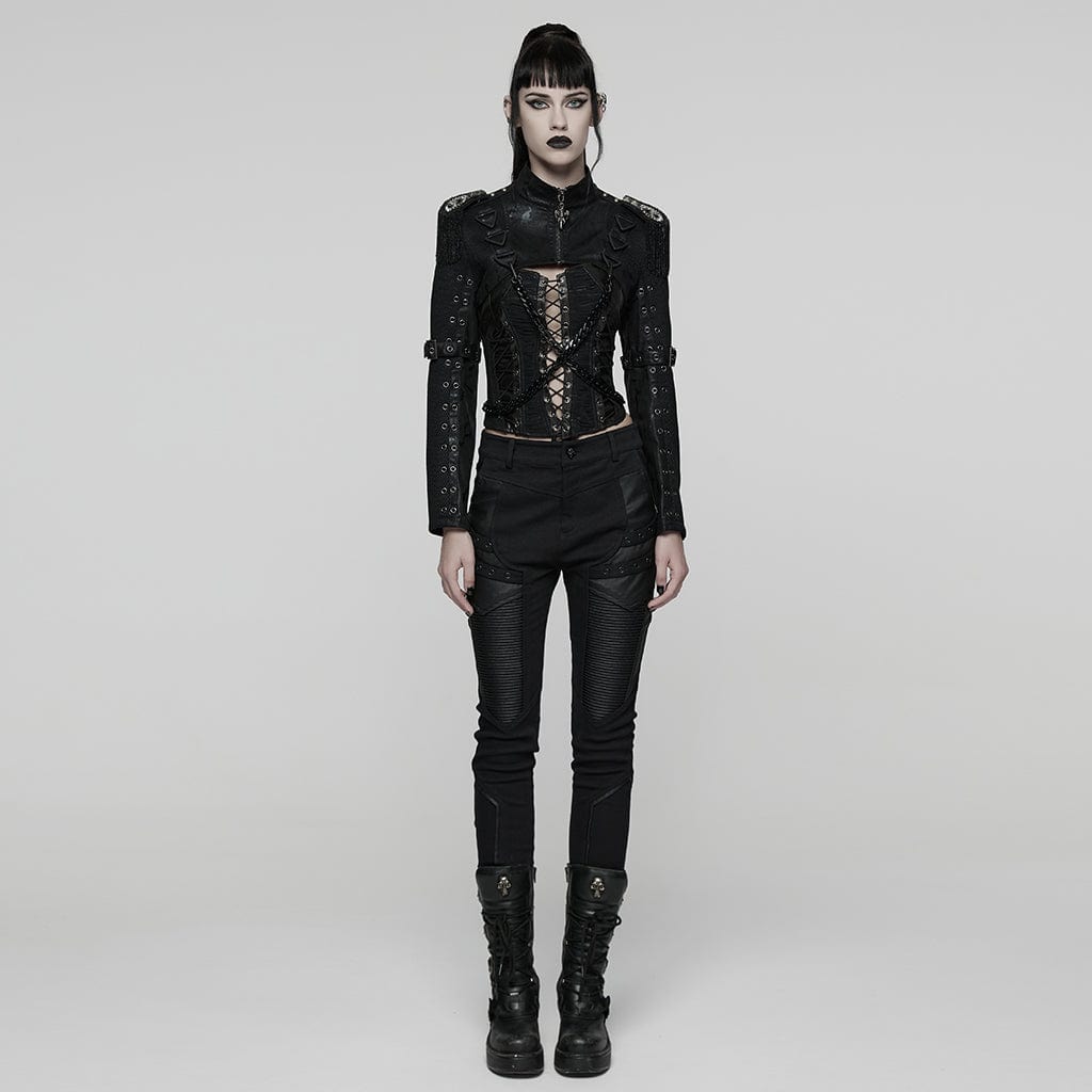 PUNK RAVE Women's Punk Buckle-up Strap  Eyelet Ultra-Short Jacket with Detachable Chain