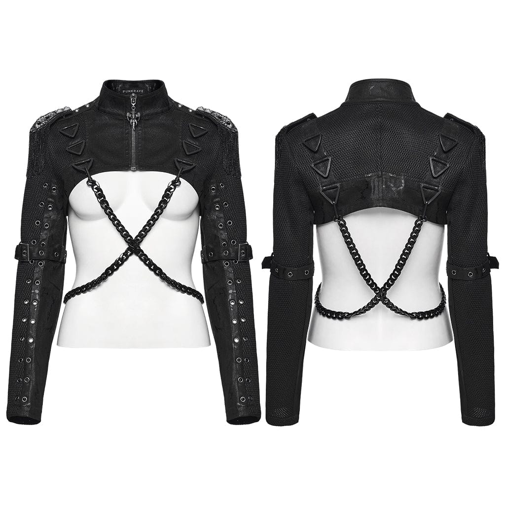 PUNK RAVE Women's Punk Buckle-up Strap  Eyelet Ultra-Short Jacket with Detachable Chain
