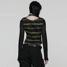 PUNK RAVE Women's Punk Buckle-up strap Mesh Splice Printed T-shirt Black-Green