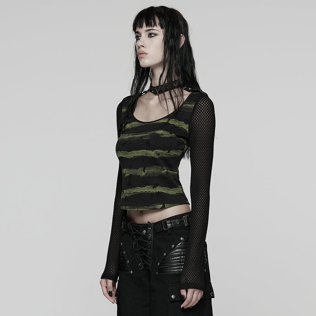 PUNK RAVE Women's Punk Buckle-up strap Mesh Splice Printed T-shirt Black-Green